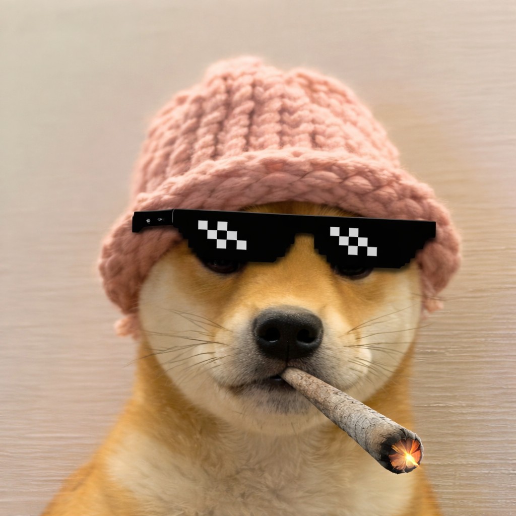 Shiba with pink beanie